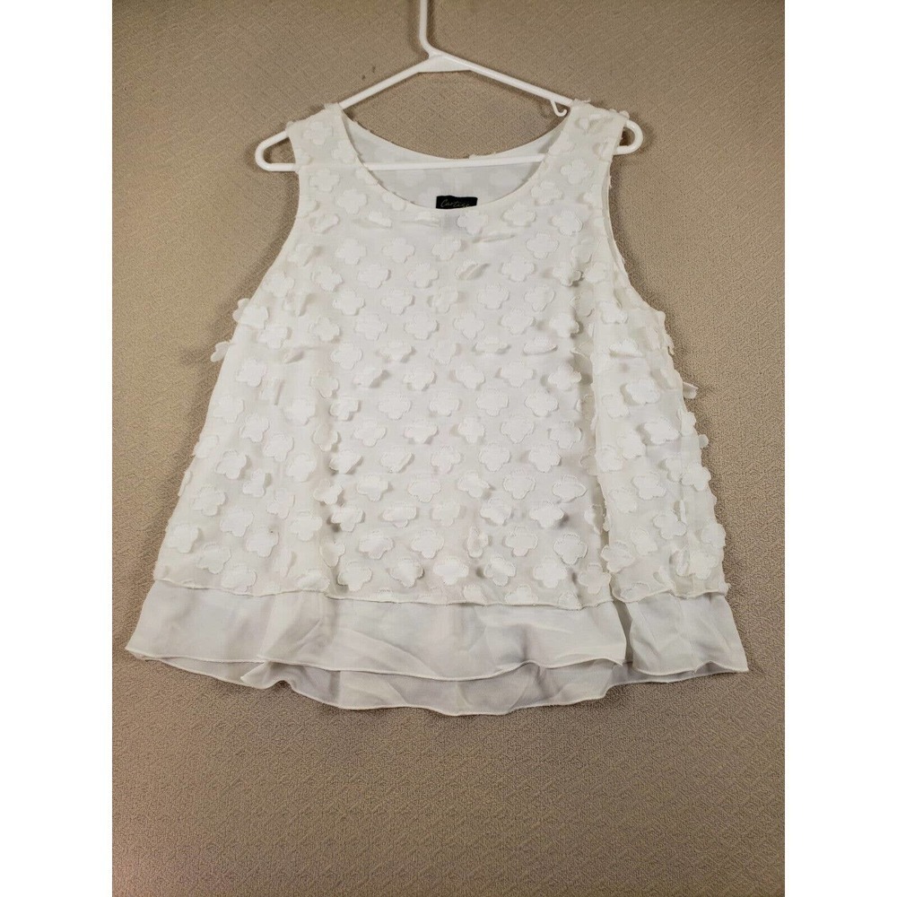 Cartise Top Womens 6 White Floral Applique Round Neck Wide Strap Ruffle Tank Top